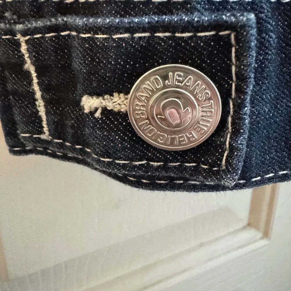True Religion World Tour Denim Trucker Vest Dark Wash Horseshoe Pocket Y2K Biker
